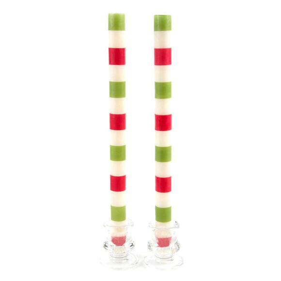 NEW Mackenzie Childs Multi Bands Red & Green Dinner Candles, Set of 2 - Picture 1 of 3